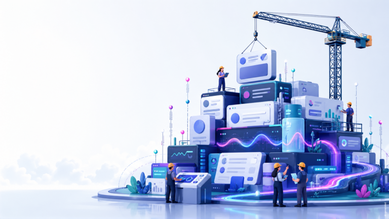 MVP in Audio-AdTech als digitale Baustelle mit Datenmodulen und Kran
